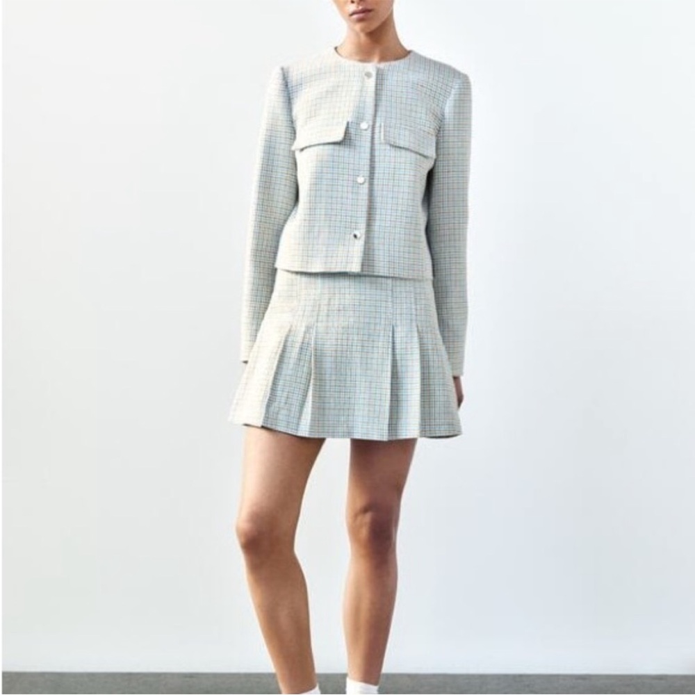 ZARA 2 PIECES MATCHING SET CHECKERED CROPPED BLAZER AND PLAID BOX PLEAT SKORT